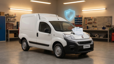 Carro de entrega branco protegido com seguro automotivo e escudo de proteção digital