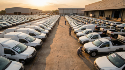 Motoboy brasileiro ao lado de moto Honda CG comprada em leilão com baú de entregas em rua movimentada