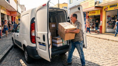 Autônomo dirigindo utilitário de leilão carregado com caixas de entregas em rua movimentada