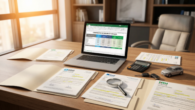 Mesa profissional com laptop mostrando comparativo de seguros para carros de leilão, propostas de seguradoras e calculadora