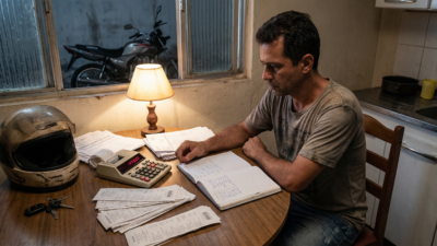 Motoboy brasileiro sentado em mesa com calculadora documentos e capacete planejando custos de moto de leilão