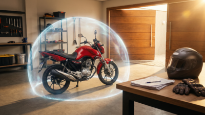 Moto protegida com escudo de segurança e documentos de seguro para moto de leilão