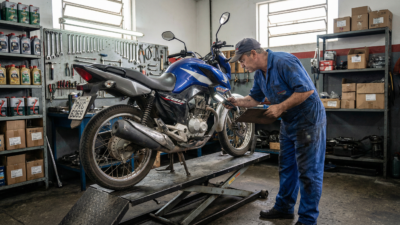 Comparativo visual entre motoboy alugando moto e motoboy com moto própria de leilão em cenário urbano brasileiro