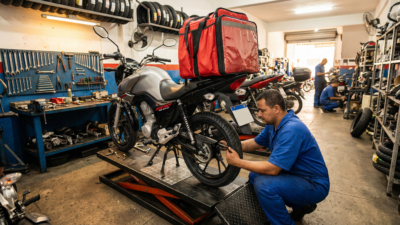 Mecânico brasileiro inspecionando moto de leilão em oficina com checklist de revisão