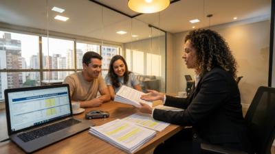 Agente de seguros explicando cobertura de seguro para carro de leilão a casal brasileiro