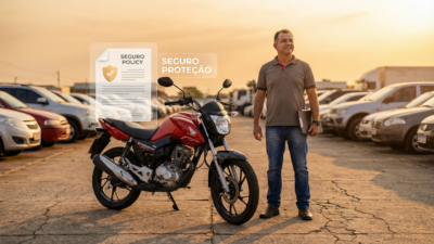 Homem brasileiro ao lado de moto de leilão com documentos de seguro em pátio de leilão