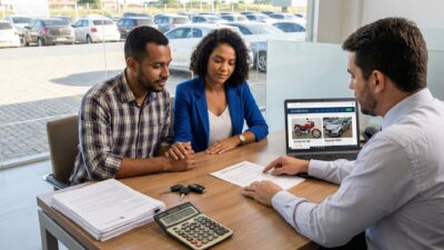Casal brasileiro em agência bancária discutindo financiamento de veículo de leilão com gerente