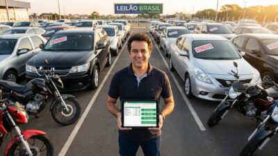 Empreendedor brasileiro entre veículos arrematados em leilão com tablet mostrando lucros em reais