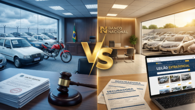 Leilão judicial vs extrajudicial de veículos - comparativo visual com martelo de juiz e carros