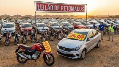 Pátio de leilão com carros e motos retomados de financiamento organizados com etiquetas de preço e descontos