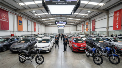 Pátio de leiloeira com carros e motos retomados de banco organizados com etiquetas de preço e banners de instituições financeiras