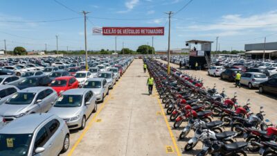 Pátio de leilão com carros e motos retomados de financiamento organizados em fileiras com etiquetas de lote