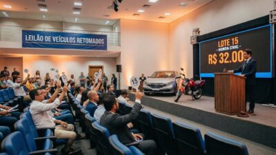 Salão de leilão de veículos retomados com pessoas levantando placas de lance e leiloeiro no púlpito