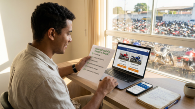 Jovem brasileiro estudando como participar de leilão de motos no computador com checklist guia passo a passo e pátio de motos ao fundo