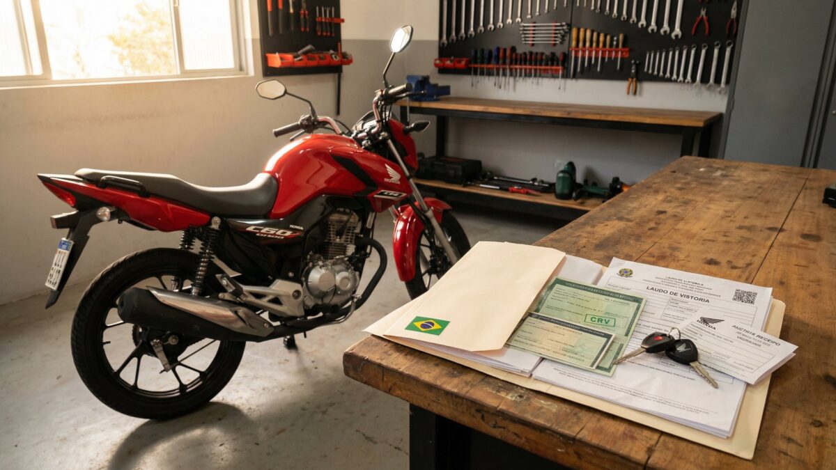 Moto Honda CG vermelha de leilão em garagem ao lado de documentos de regularização CRV CRLV laudo de vistoria e chaves sobre mesa de madeira