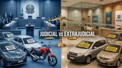 Comparação visual entre leilão judicial com tribunal e martelo e leilão extrajudicial com banco e veículos retomados de financiamento