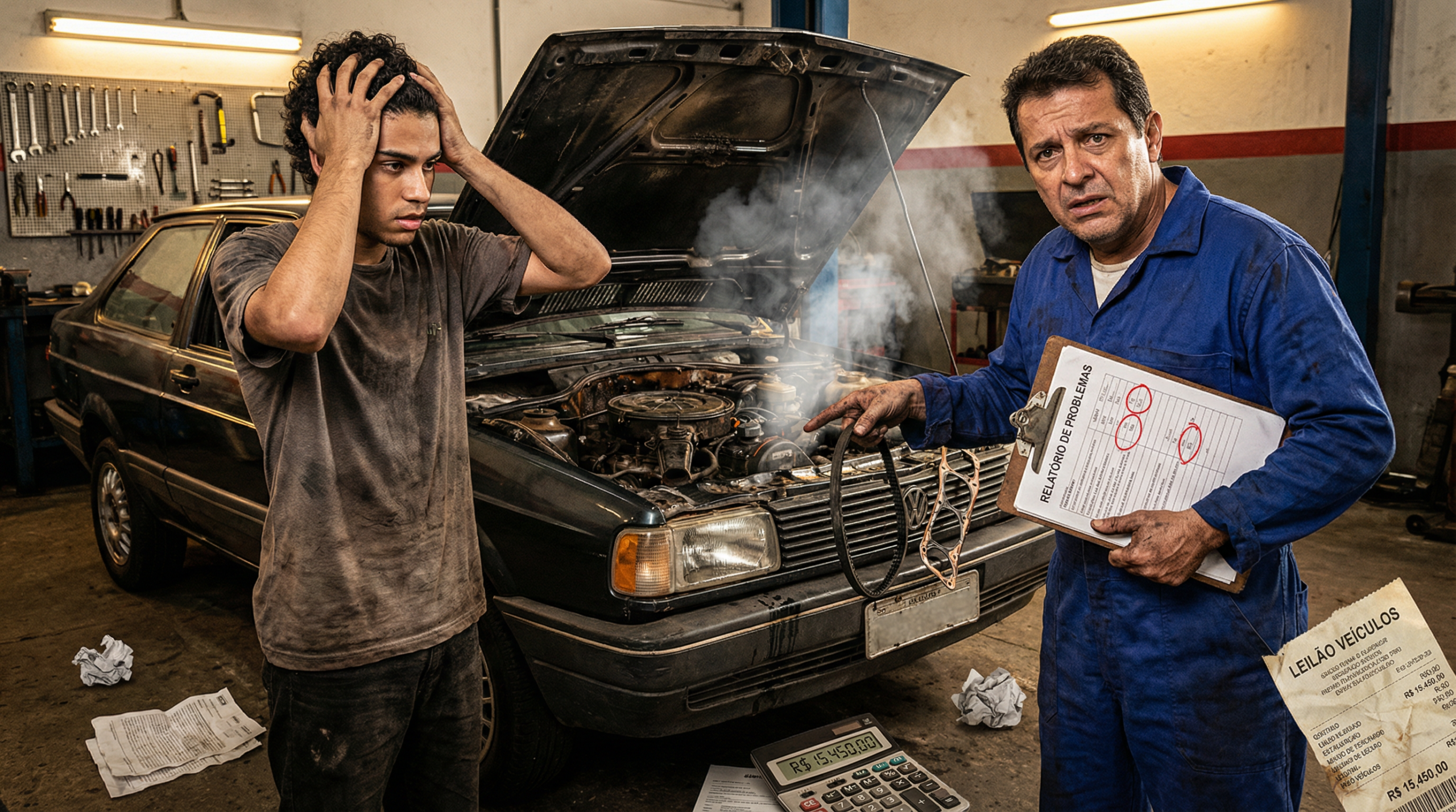 Jovem frustrado ao lado de carro com problemas mecânicos ocultos comprado em leilão enquanto mecânico aponta defeitos