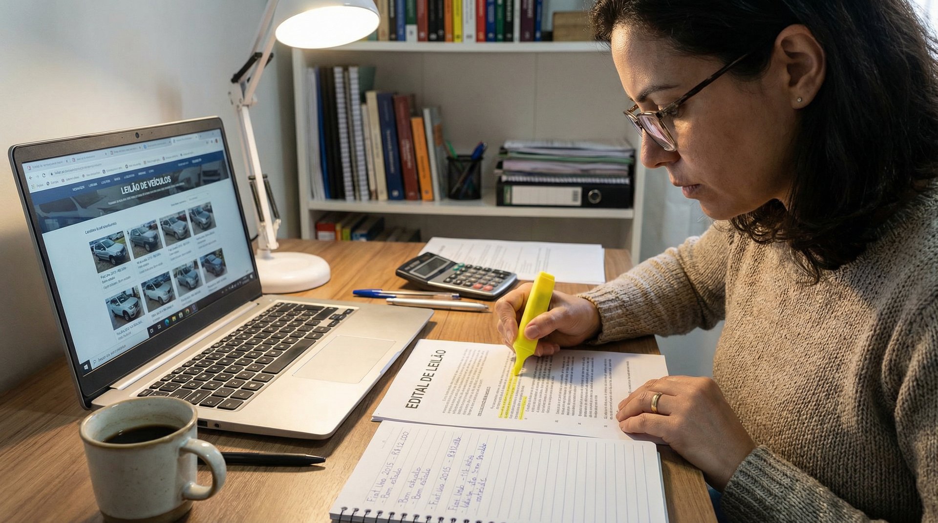 Mulher estudando edital de leilão com marca-texto e anotações ao lado do laptop com site de leilão