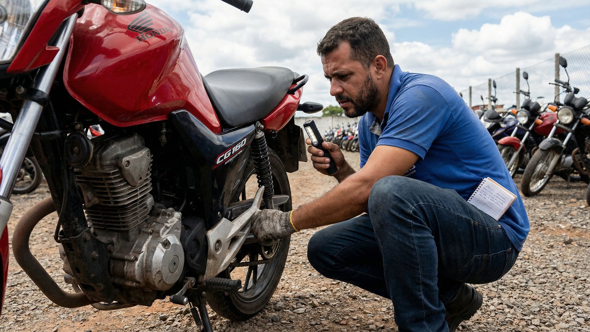 Pessoa inspecionando Honda CG em detalhe no pátio de leilão