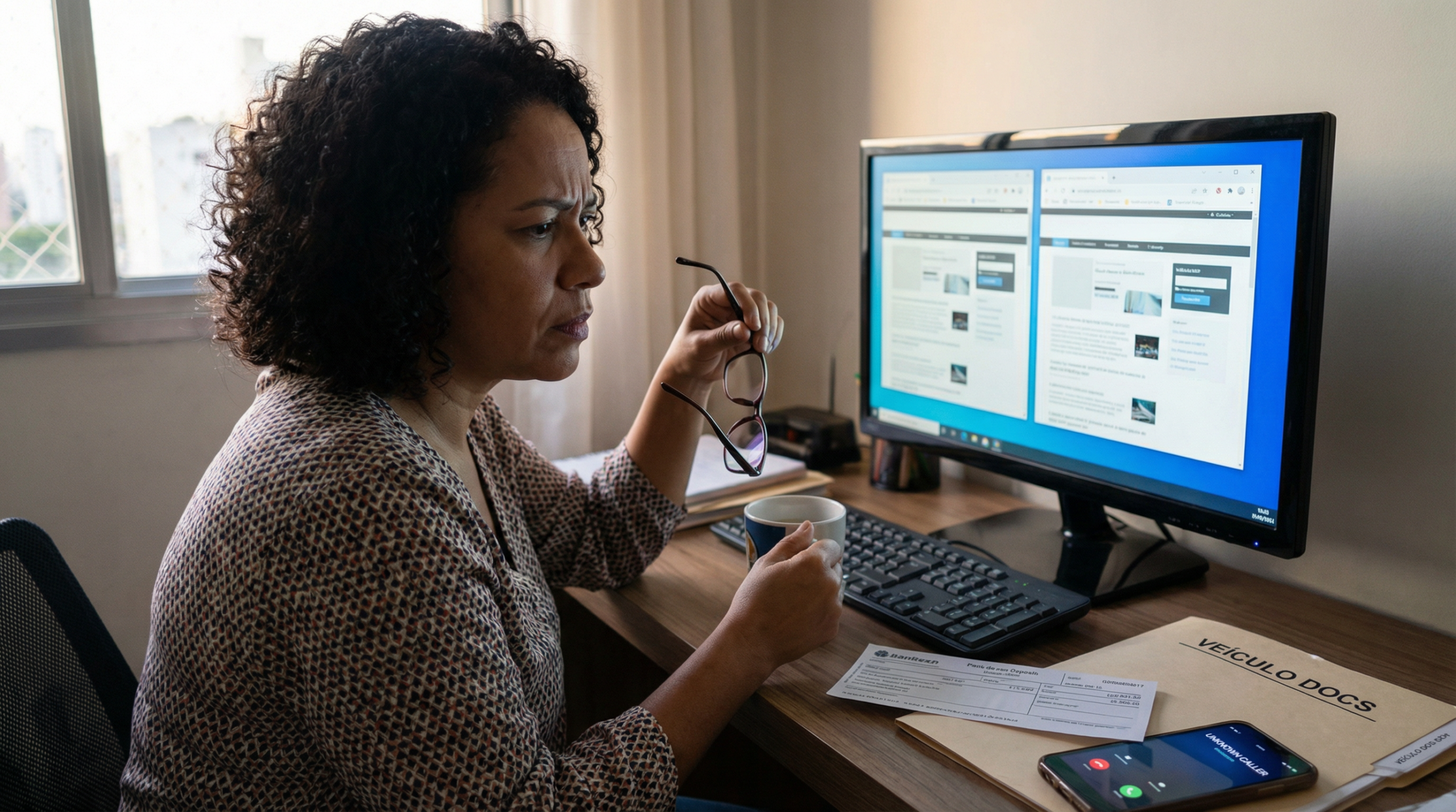 Mulher brasileira confusa comparando site de leilão legítimo com clone falso no computador