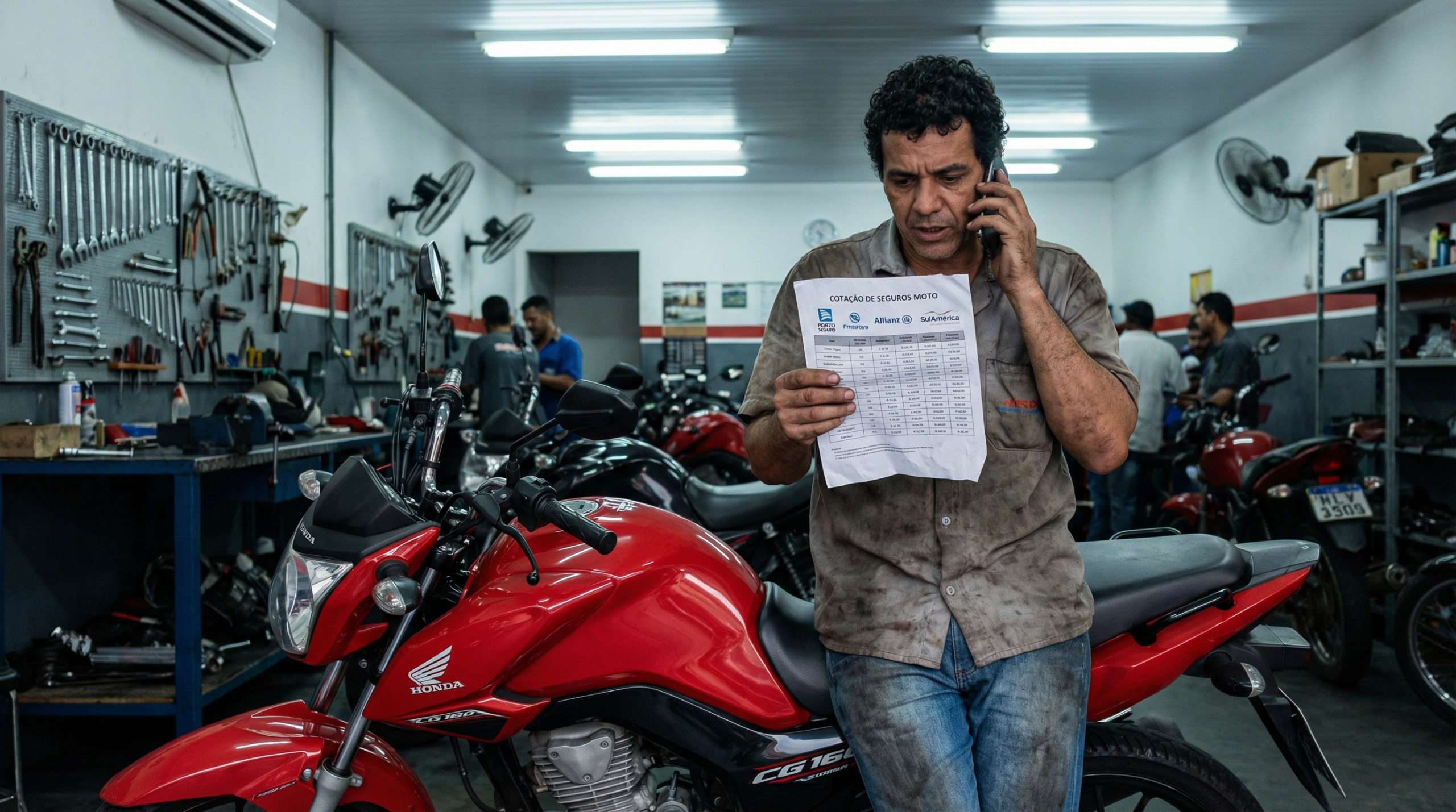 Homem brasileiro comparando cotações de seguro para moto de leilão em oficina mecânica