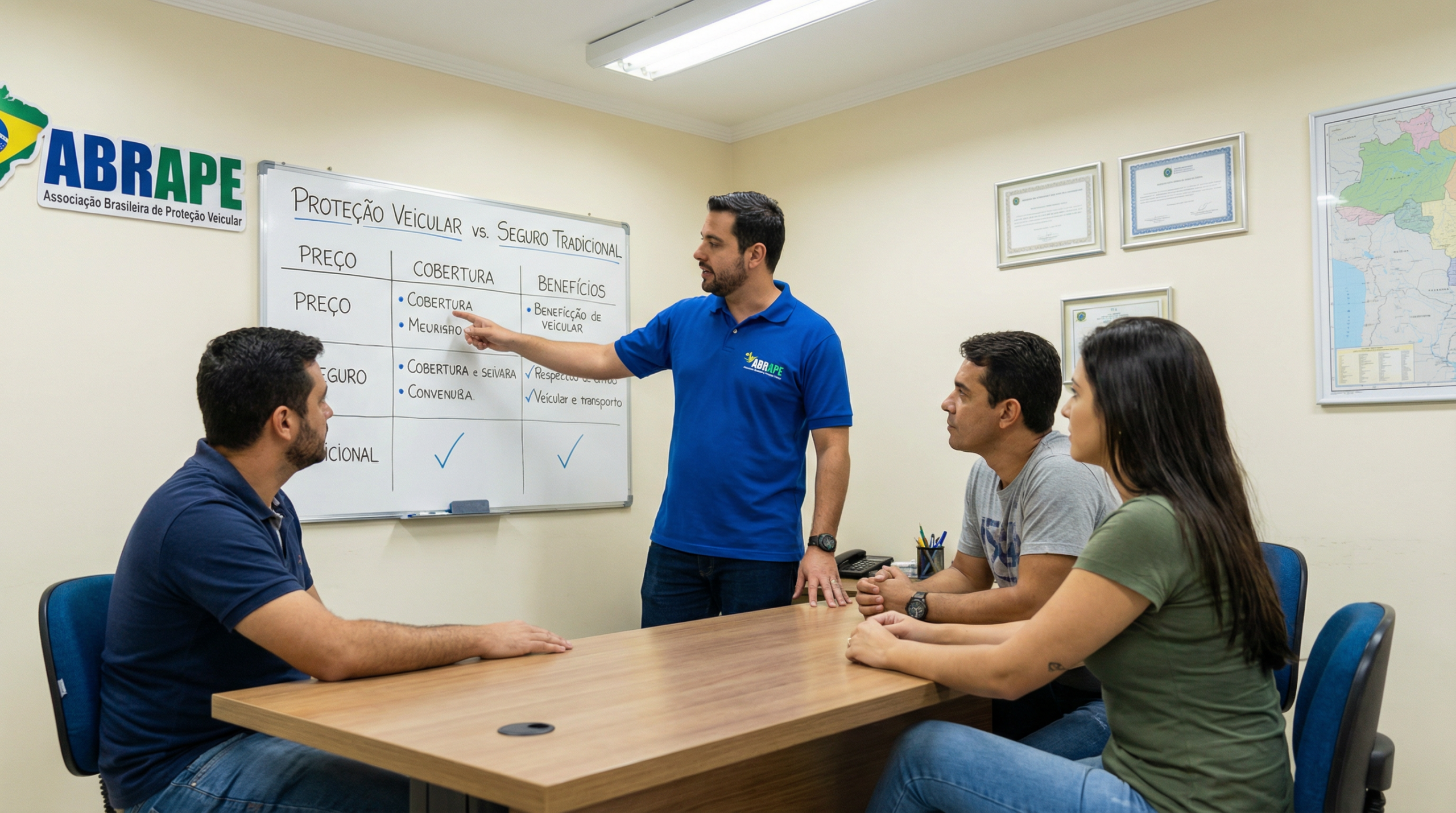 Representante de associação de proteção veicular explicando comparativo entre proteção e seguro tradicional