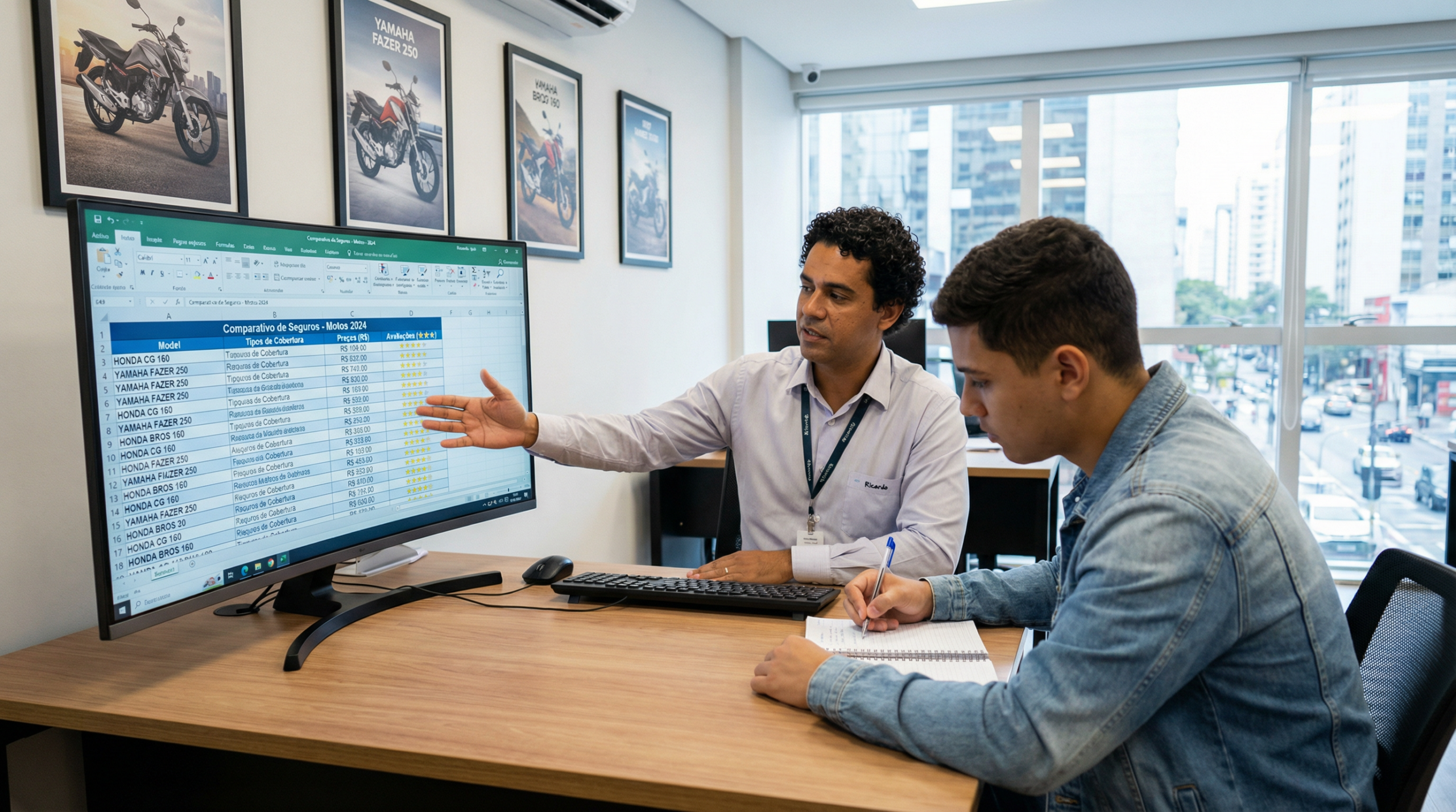 Agente de seguros mostrando tabela comparativa de coberturas e preços para motos de leilão em monitor