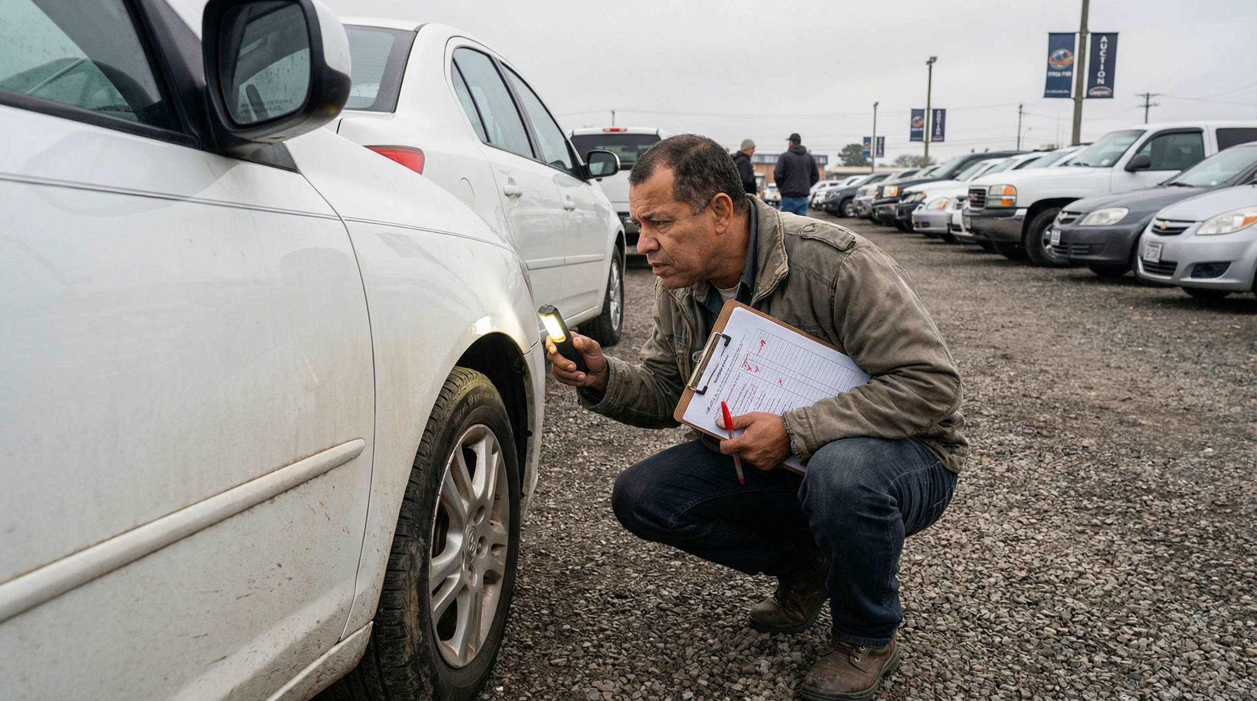Homem brasileiro agachado inspecionando a lateral de um carro branco em pátio de leilão com lanterna e checklist de verificação