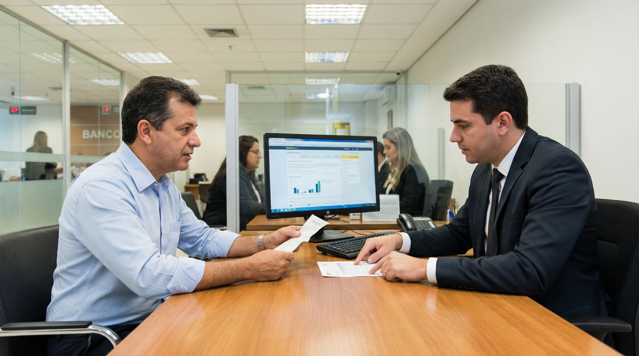 Homem brasileiro em agência bancária conversando com gerente sobre financiamento de veículo de leilão com documentos na mesa