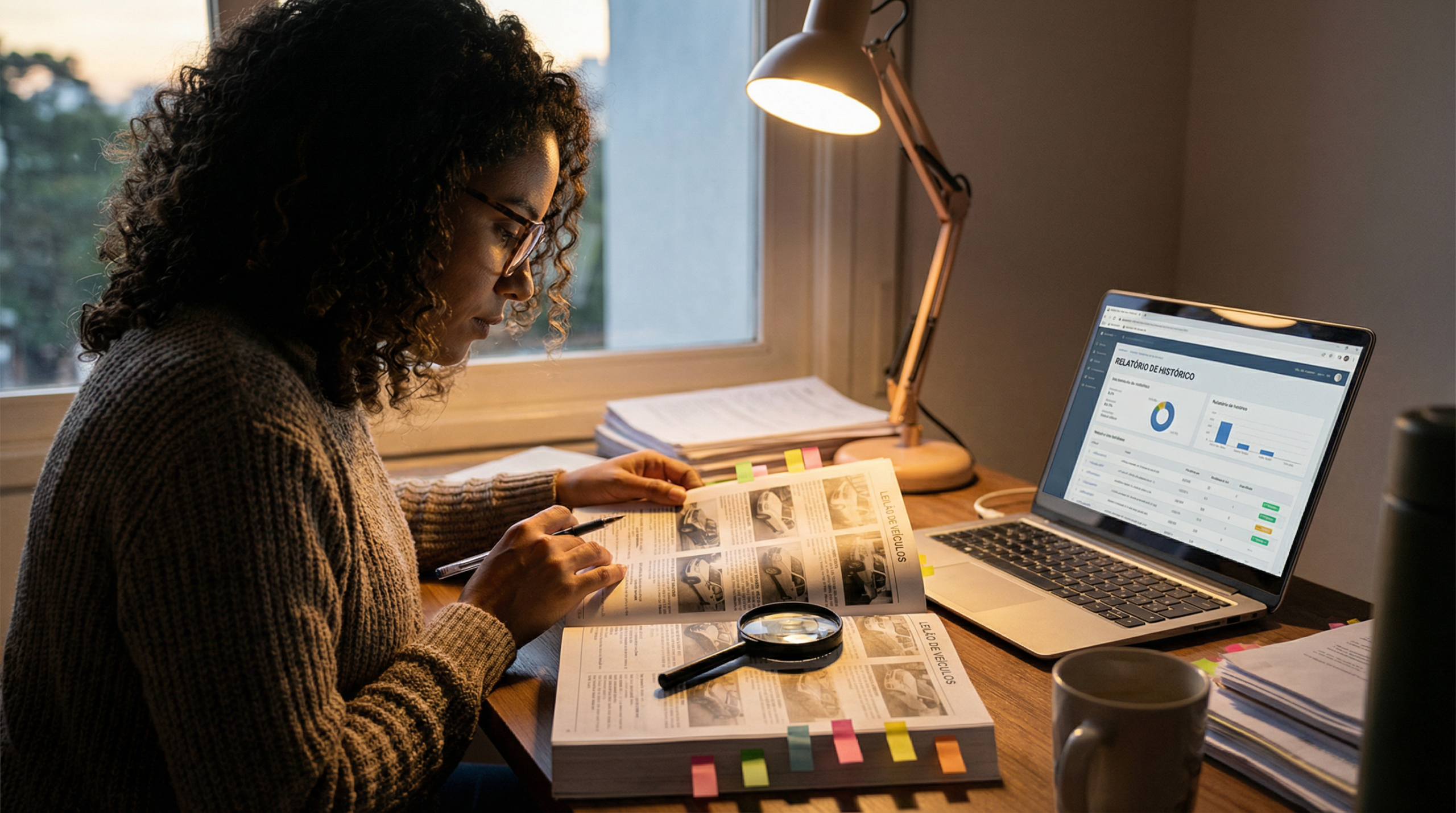 Mulher brasileira analisando catálogo de leilão de veículos e relatório de histórico veicular em mesa de escritório