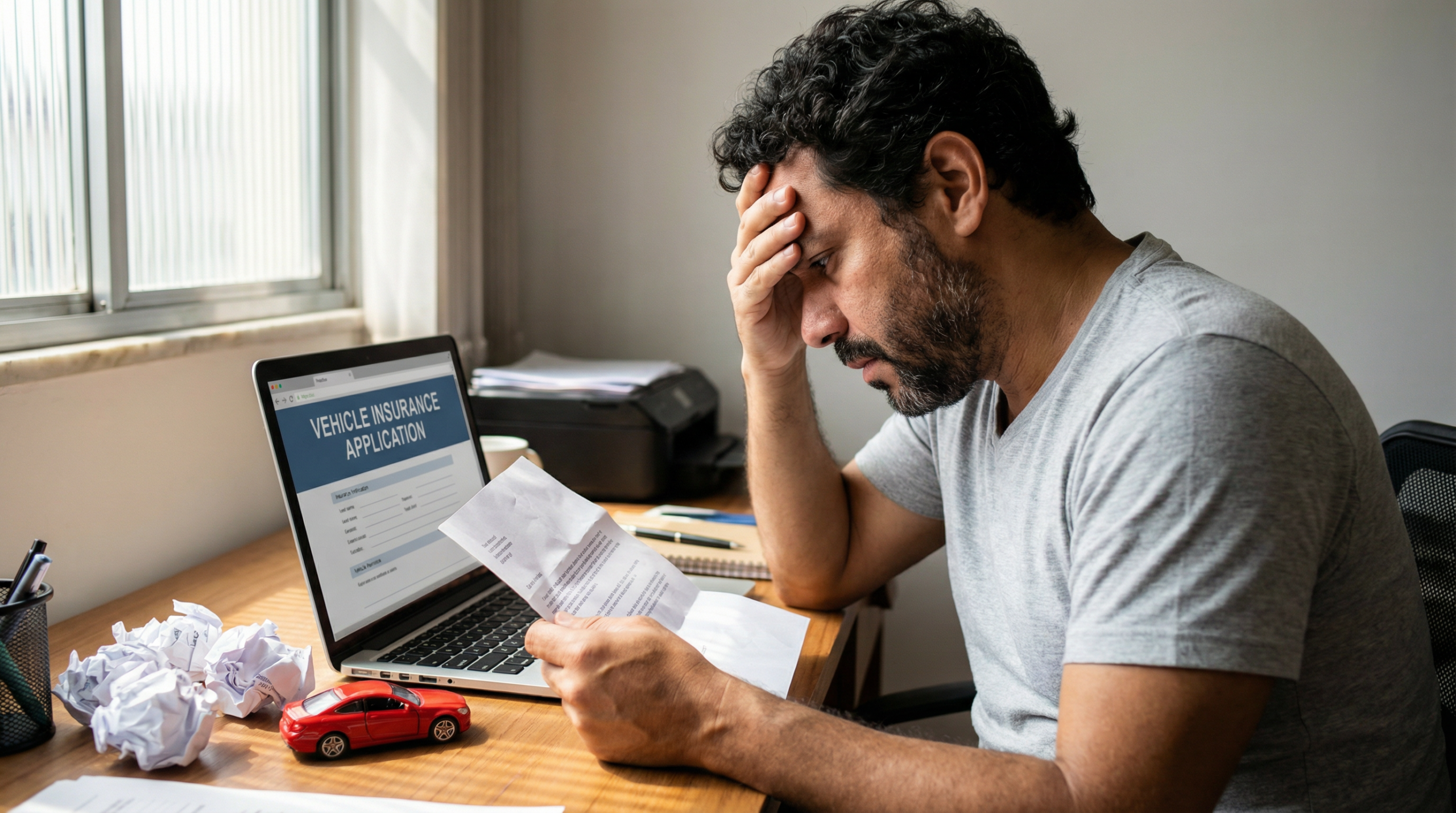 Homem brasileiro frustrado lendo carta de recusa de seguro em home office com laptop mostrando formulário de seguro veicular
