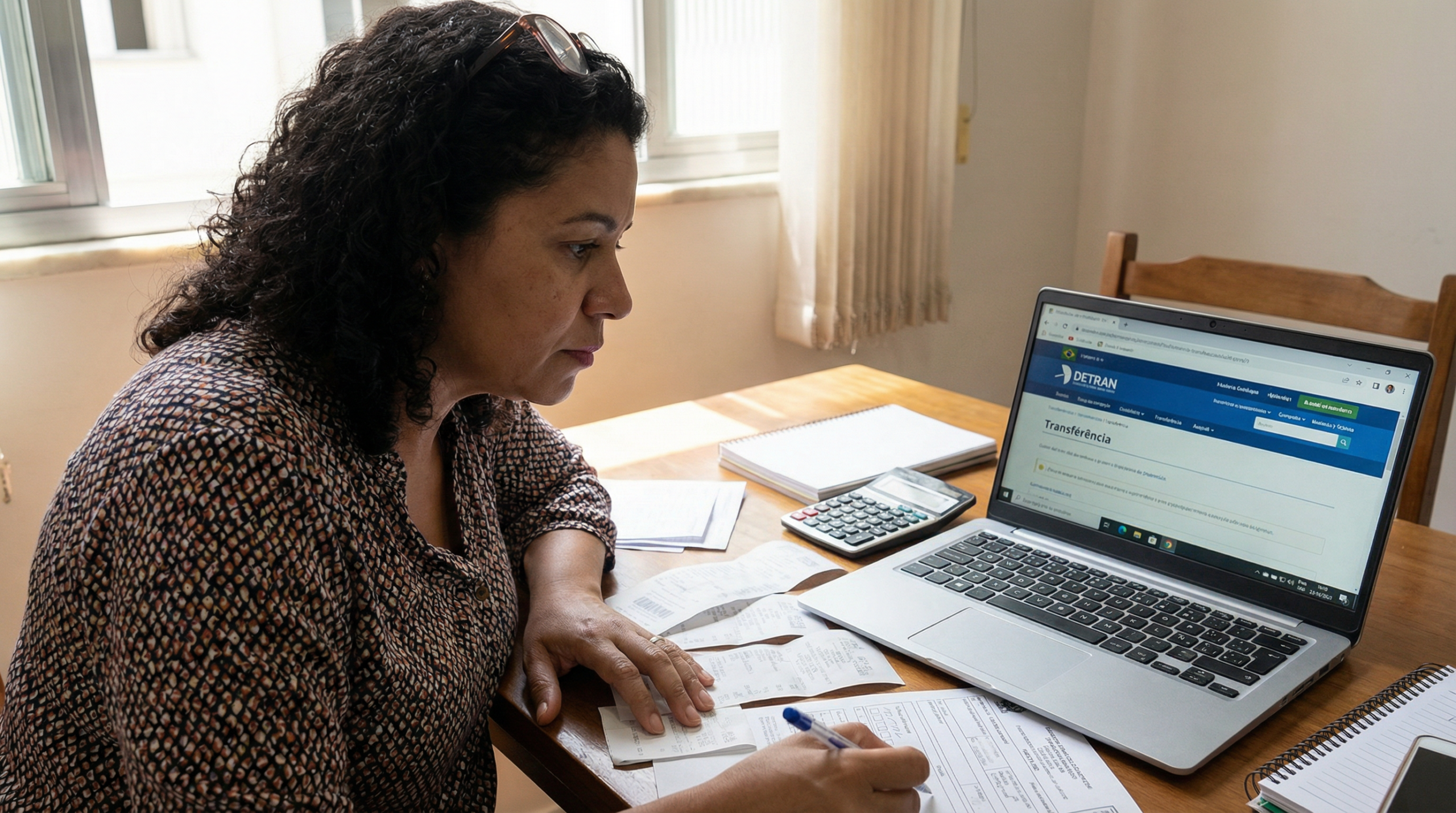 Mulher brasileira calculando custos de transferência veicular em mesa com recibos, tabela de taxas e laptop mostrando site do DETRAN
