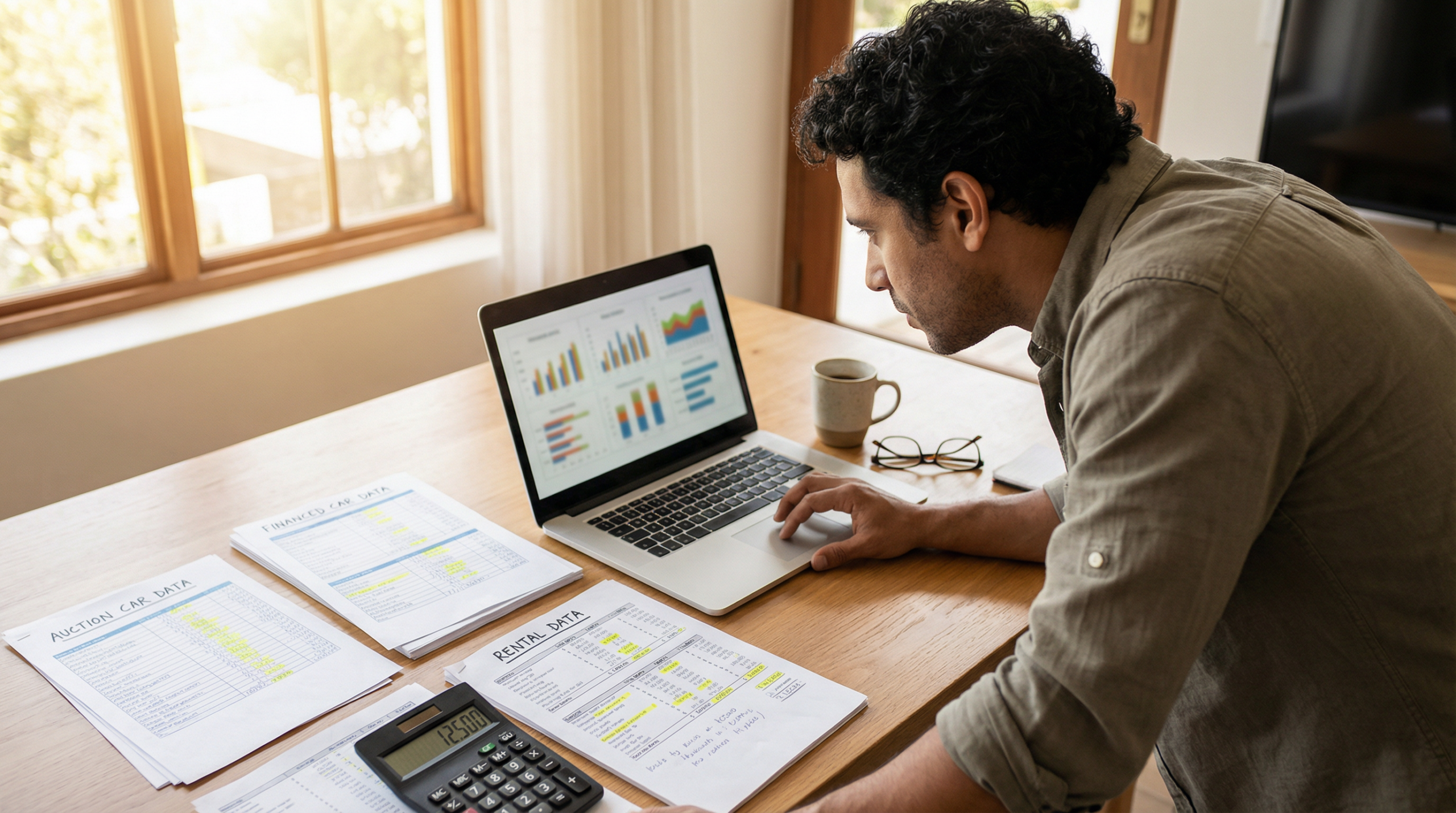 Homem brasileiro comparando custos de carro de leilão financiado e aluguel em planilhas no laptop com calculadora na mesa