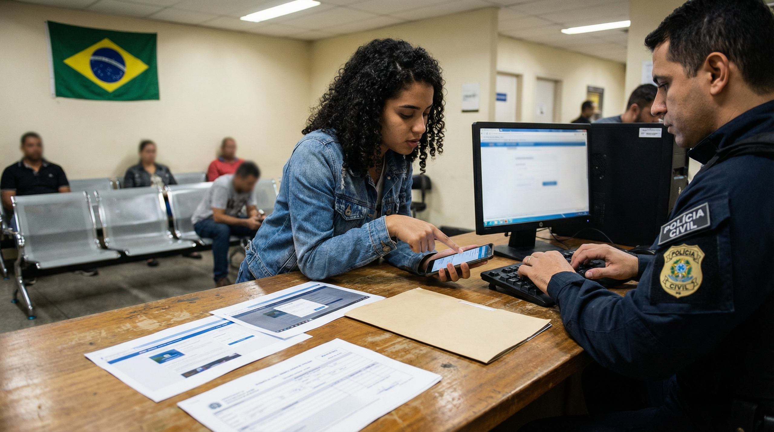 Mulher brasileira registrando boletim de ocorrência em delegacia após golpe de leilão falso mostrando provas no celular