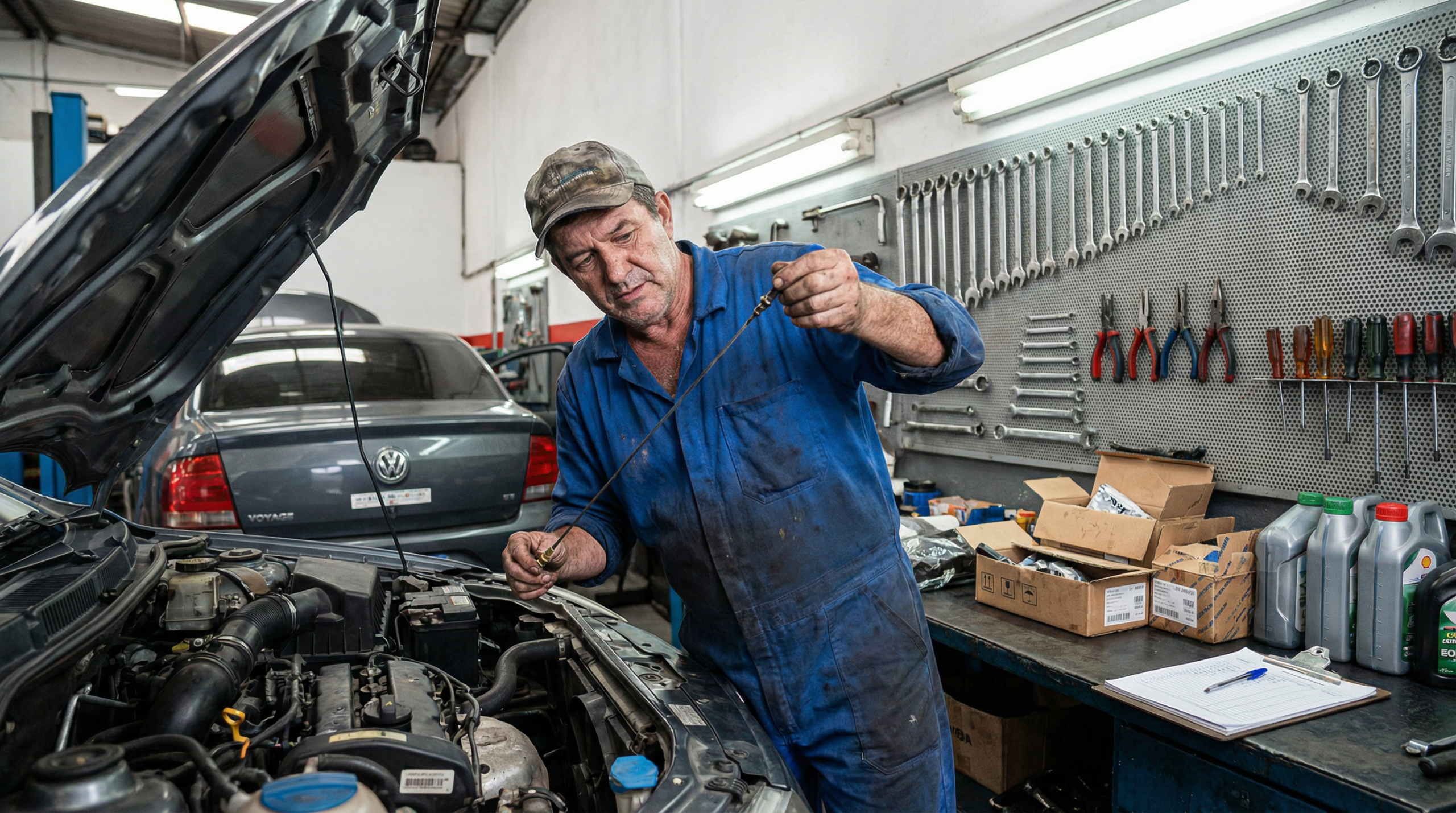 Mecânico brasileiro fazendo manutenção preventiva em sedan verificando nível de óleo em oficina profissional com ferramentas organizadas