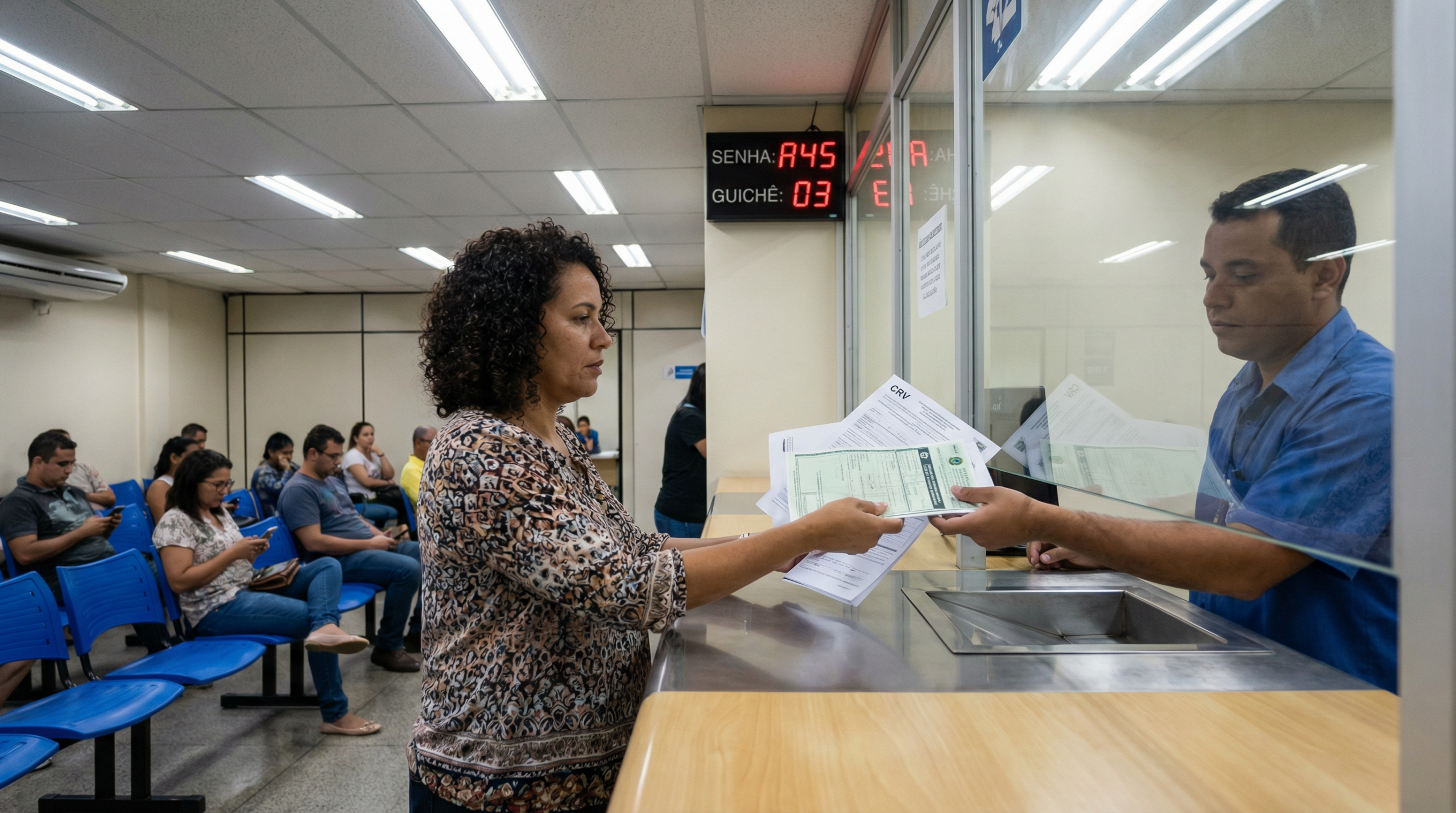 Mulher brasileira no balcão do DETRAN entregando documentos de transferência veicular ao atendente com painel digital de senhas ao fundo