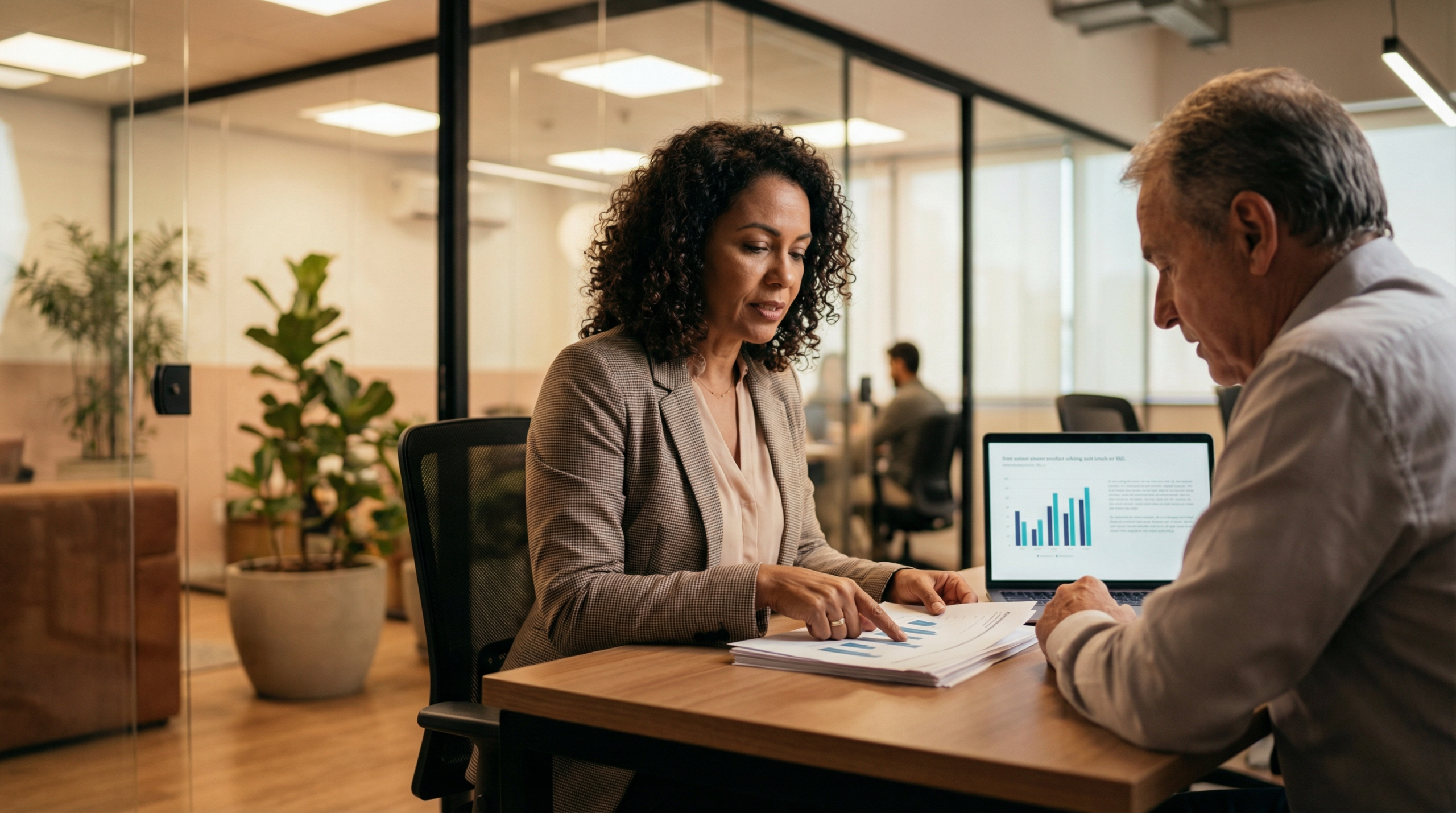 Corretora de seguros brasileira mostrando opções de cobertura para cliente em escritório moderno com laptop e documentos comparativos