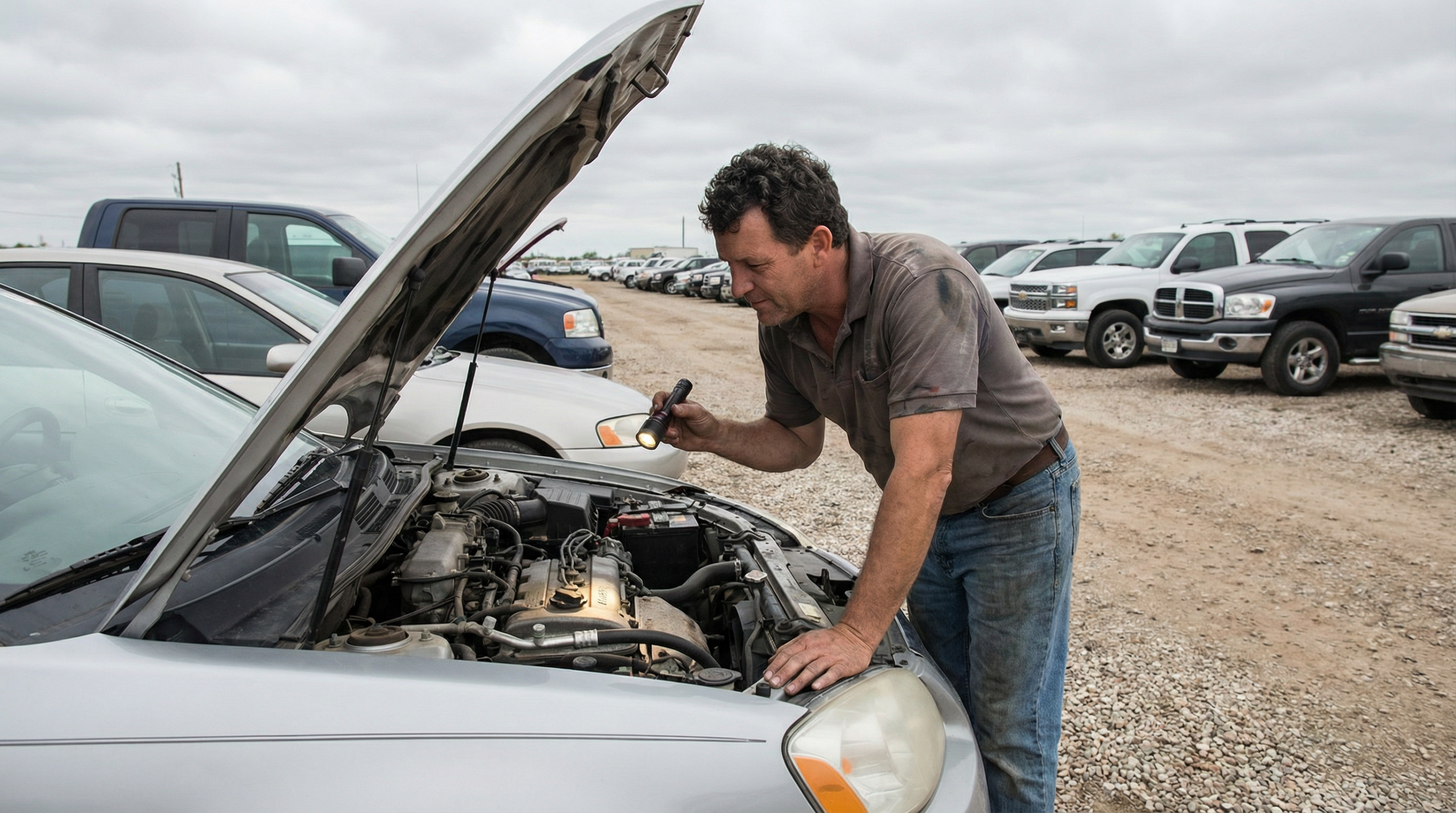 Homem inspecionando motor de sedan prata em pátio de leilão com lanterna verificando condição mecânica do veículo