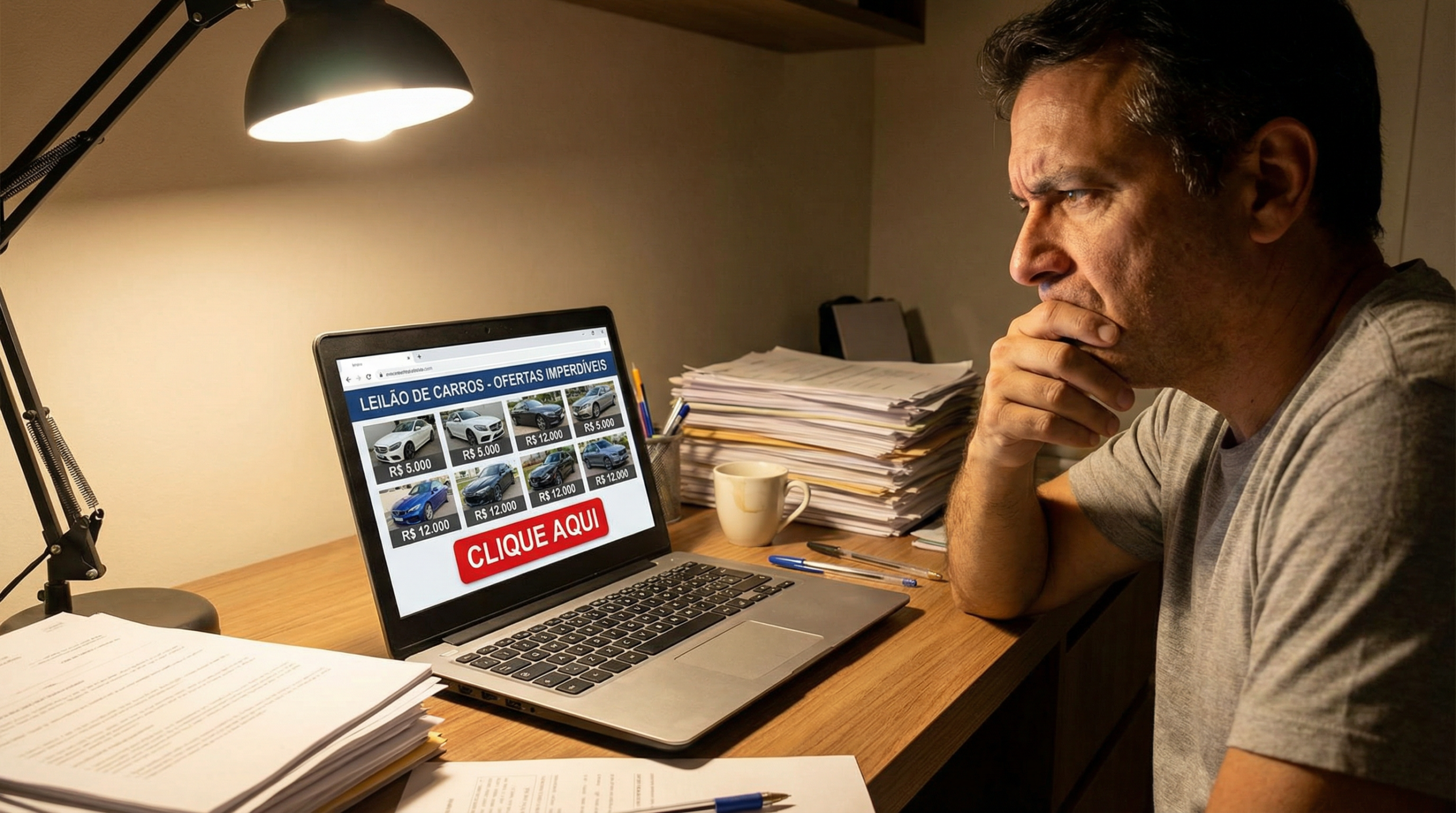 Homem brasileiro desconfiado olhando site suspeito de leilão de carros no computador em escritório doméstico