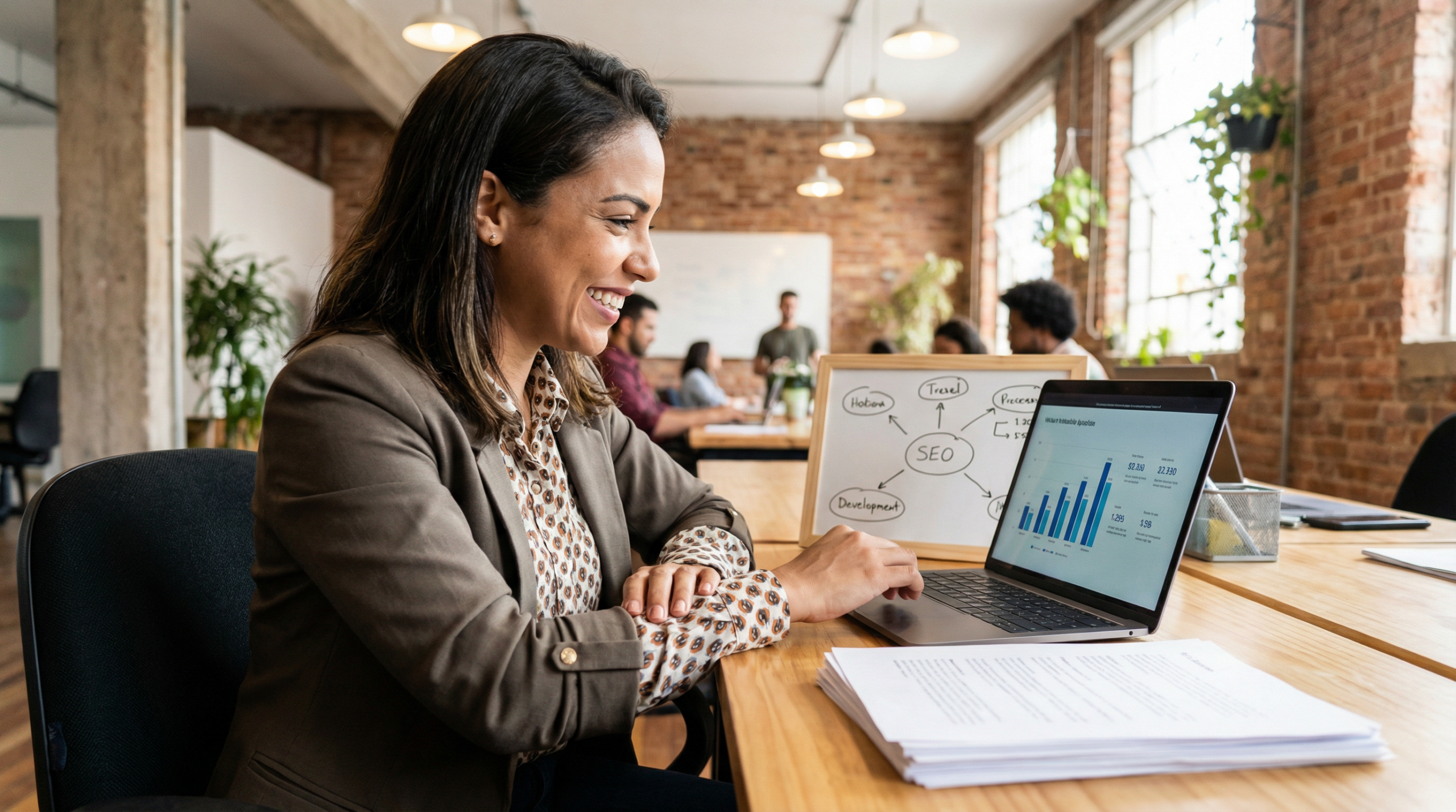 Empreendedor brasileiro na mesa com laptop mostrando planilhas financeiras e gráficos de crescimento com plano de negócios