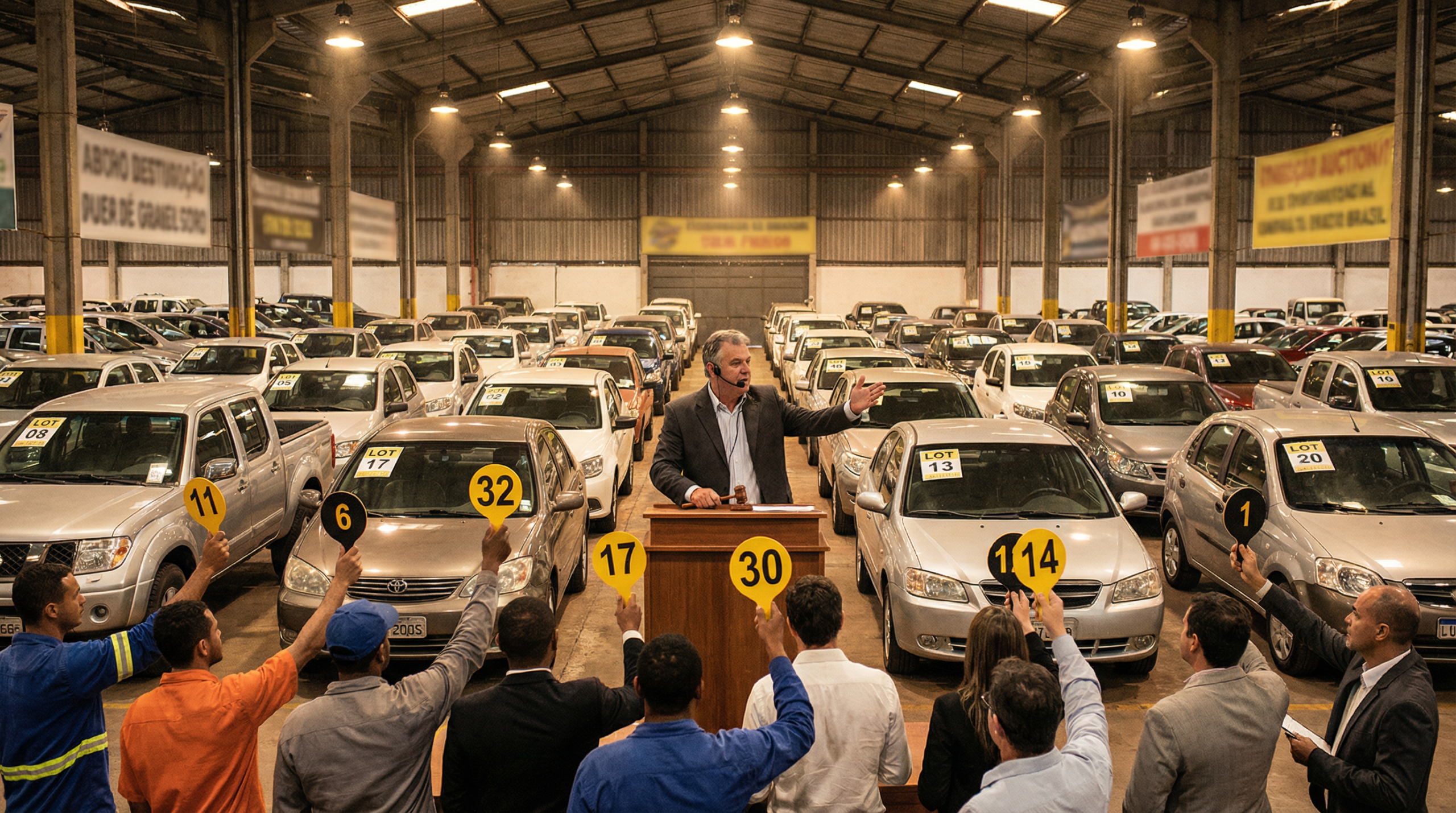Evento de leilão de carros em andamento dentro de galpão com leiloeiro no púlpito e compradores levantando placas numeradas