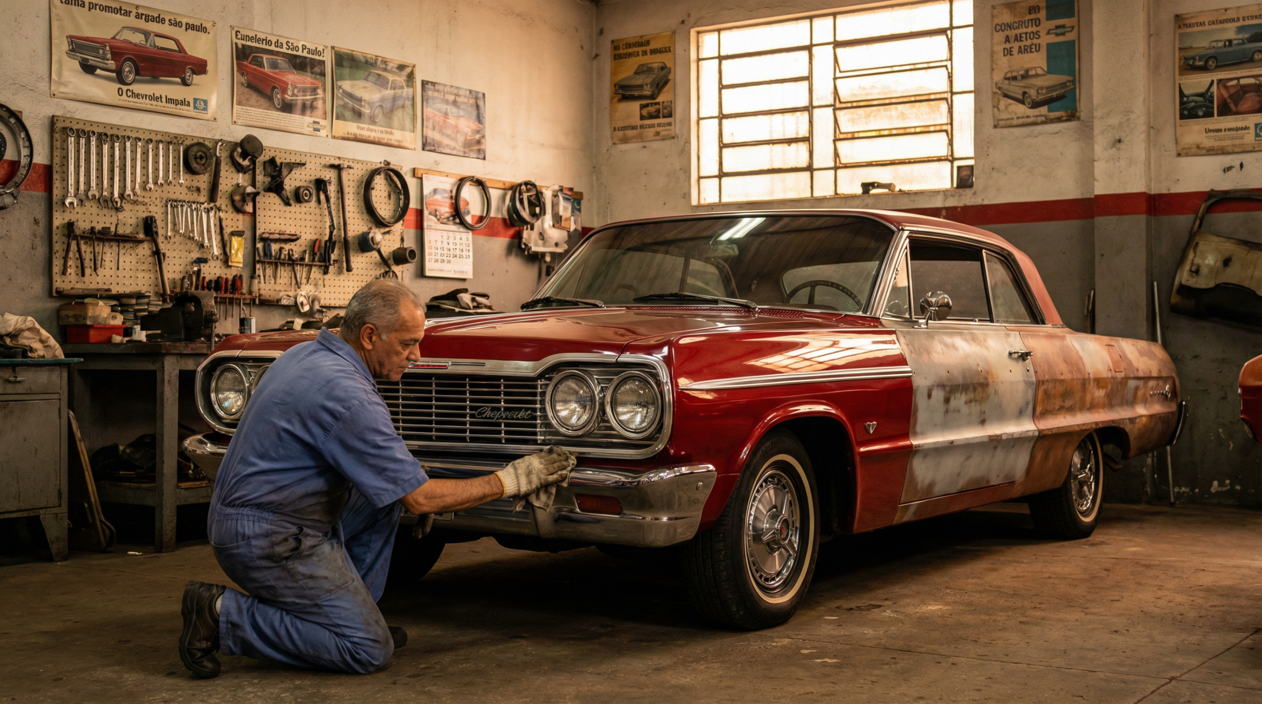 Mecânico brasileiro restaurando carro clássico vintage em garagem bem equipada polindo para-choque cromado