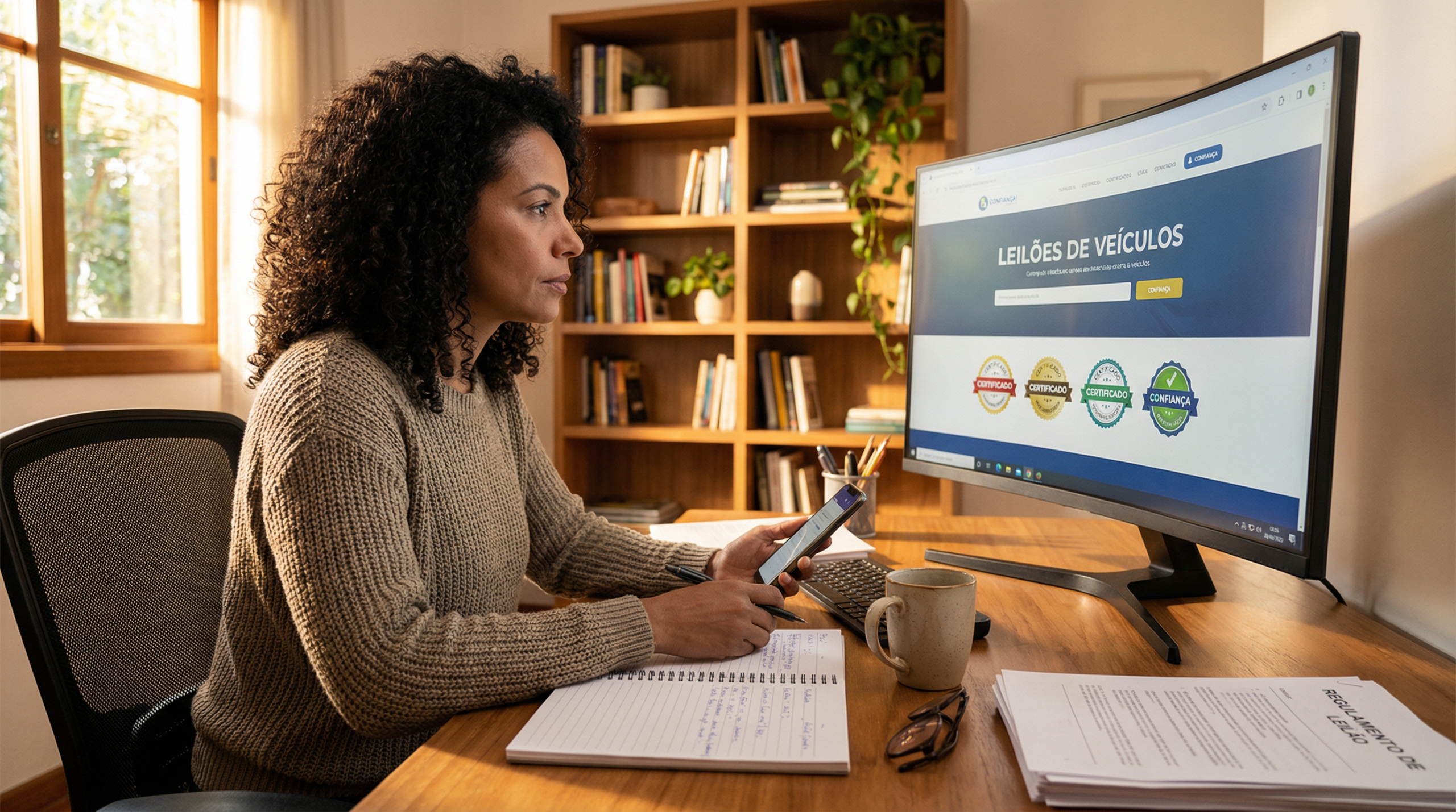 Mulher brasileira pesquisando certificação e selo de leiloeira confiável no computador em home office