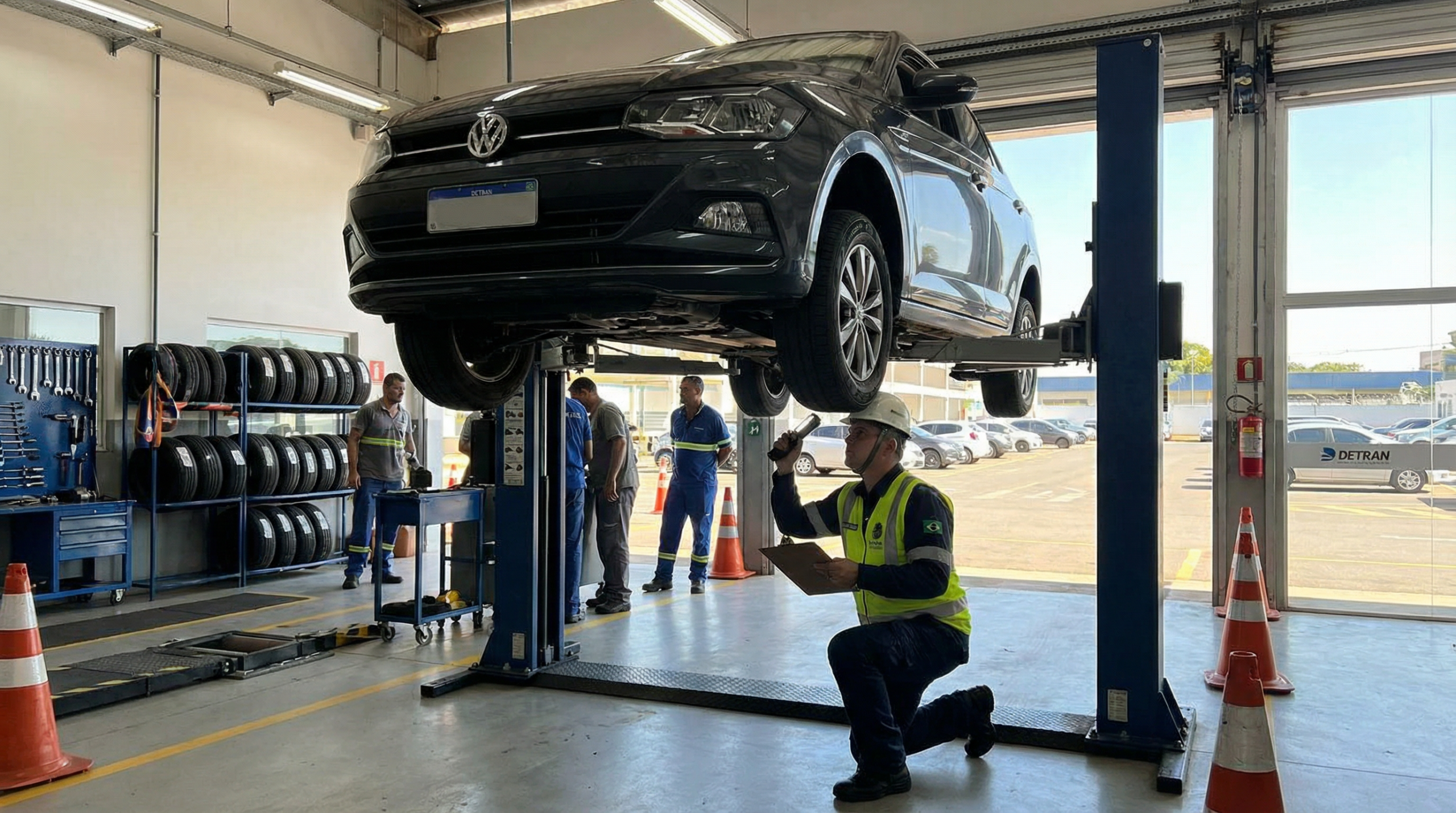 Estação de vistoria do DETRAN com sedan sendo inspecionado em elevador hidráulico por oficial