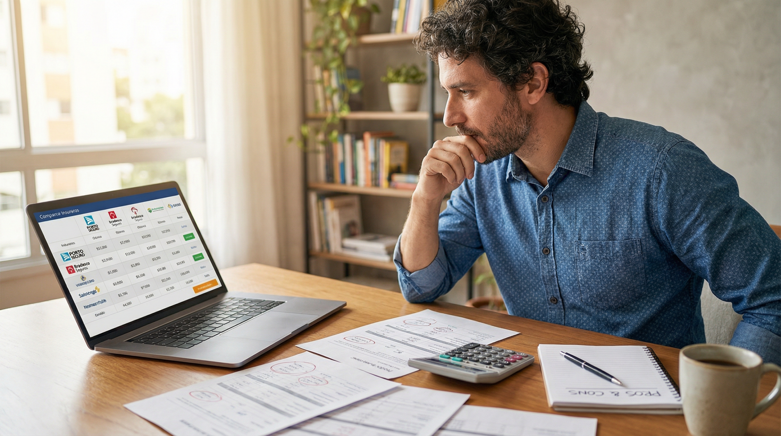 Homem brasileiro comparando propostas de seguro para carro de leilão no laptop em home office