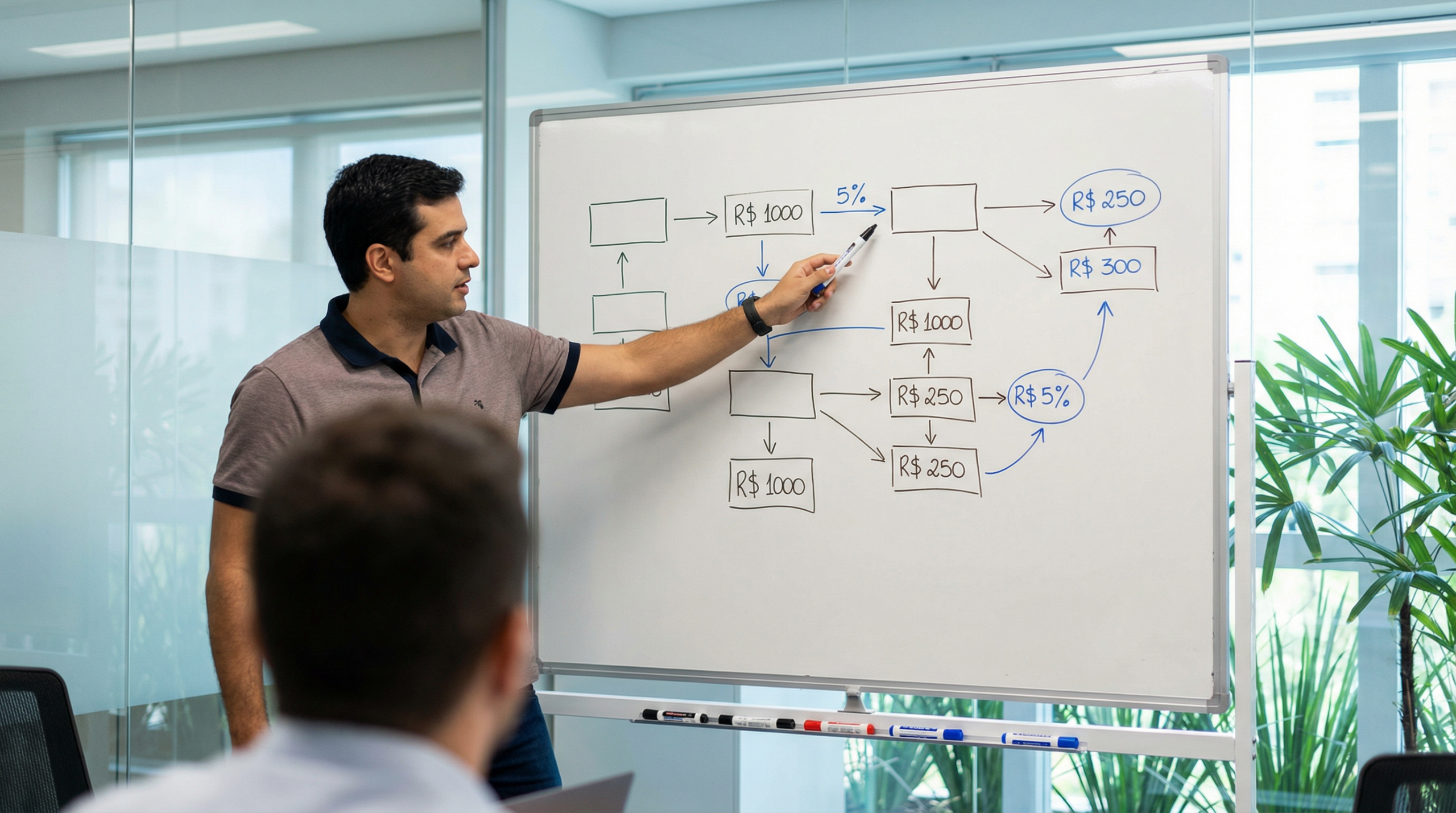 Homem brasileiro apontando para quadro branco com fluxograma de custos de leilão
