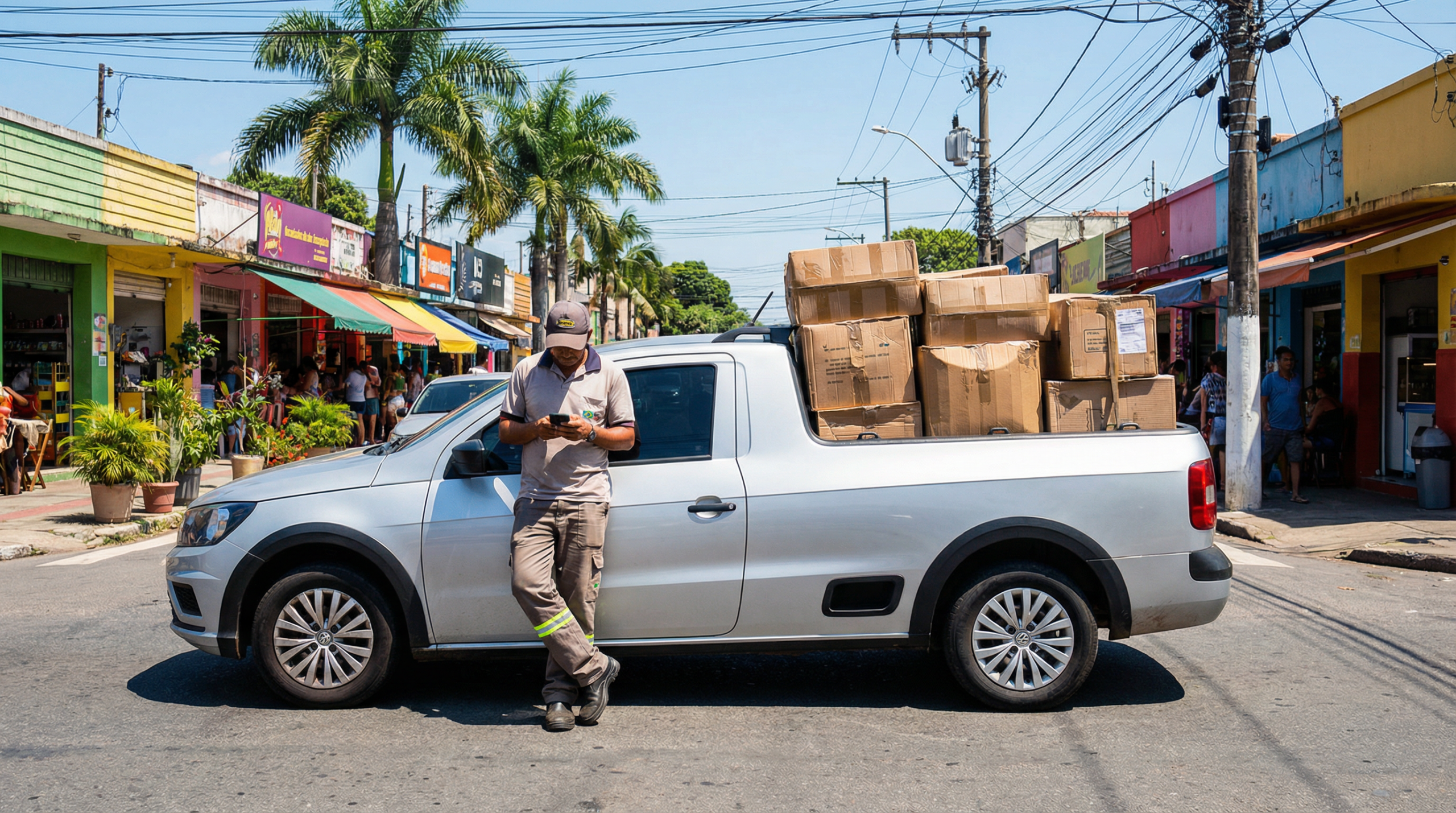 Volkswagen Saveiro carregada com caixas de entrega em rua comercial brasileira