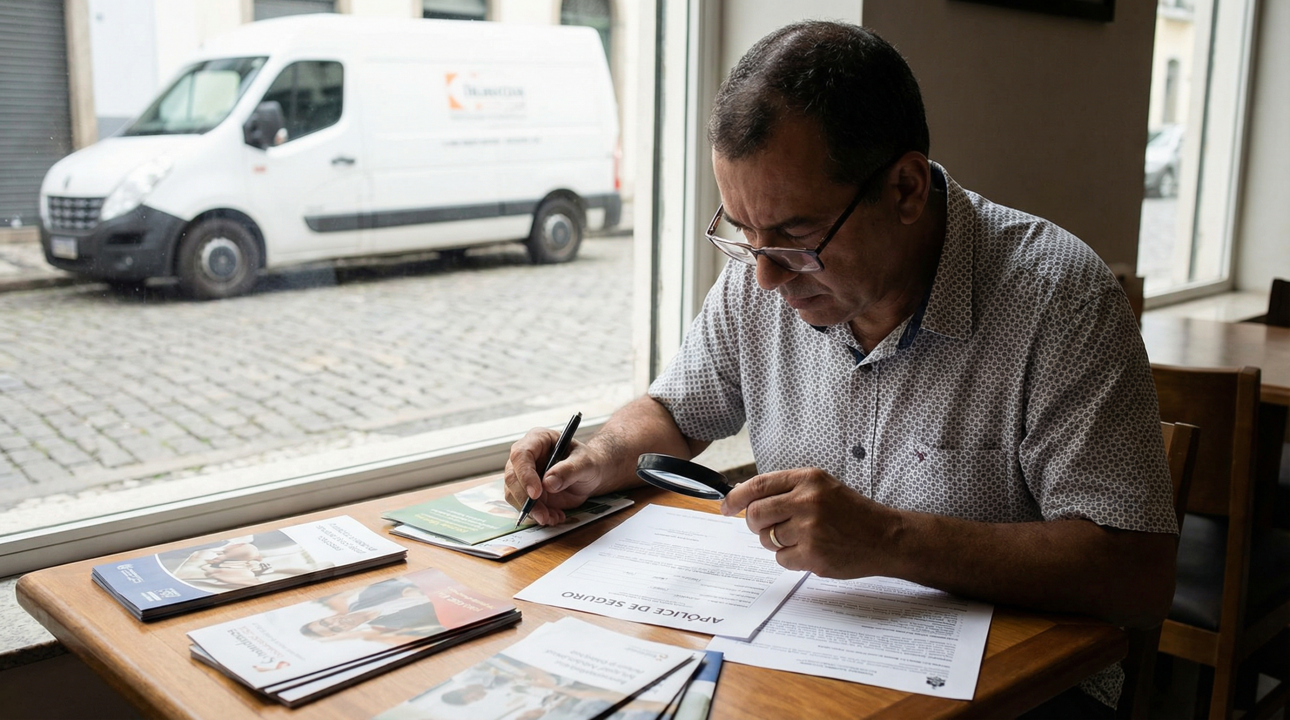 Corretor de seguros apresentando opções de cobertura para motorista de entrega em escritório