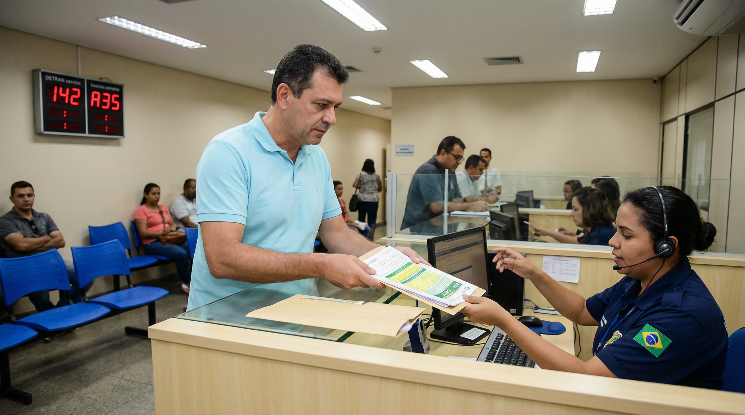 Pessoa no balcão do DETRAN entregando documentos para transferência de veículo de leilão