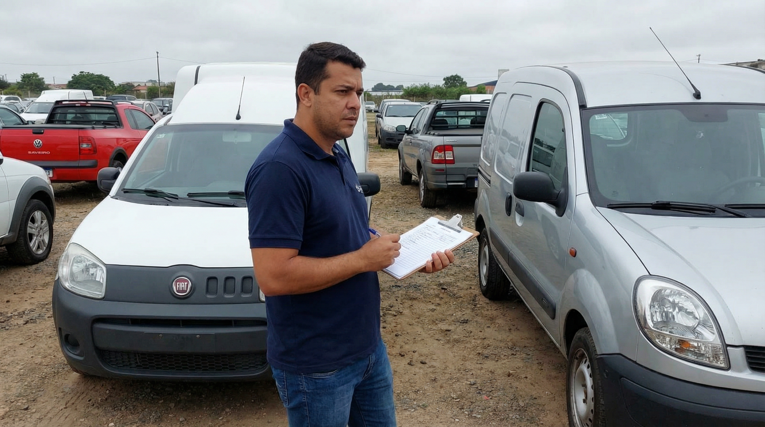 Homem comparando utilitários Fiorino e Kangoo lado a lado em pátio de leilão com checklist